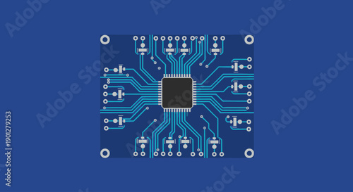 Flat design circuit board with central chip and radiating lines on blue background, vector illustration
