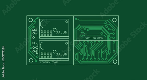 Green circuit board schematic with electronic components and traces, flat design vector.