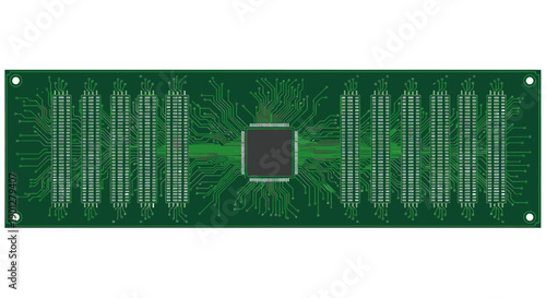 Green PCB with central square chip and intricate white circuit pathways, digital graphic
