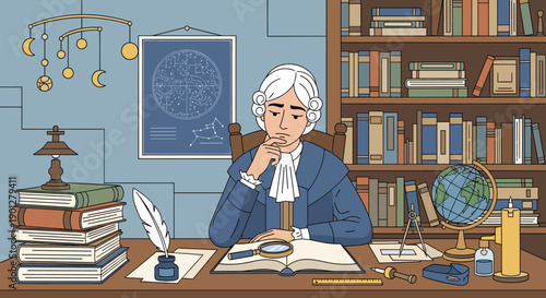 Thoughtful historical scholar studies ancient texts with a magnifying glass at a cluttered desk filled with scientific instruments and books.