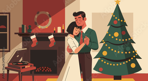 Romantic couple dancing intimately together, enjoying a festive evening in a cozy living room adorned for the Christmas holiday season.