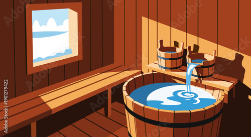 Traditional wooden sauna interior with a large tub where water pours from a bucket, illuminated by sunlight through a window revealing a snowy landscape.