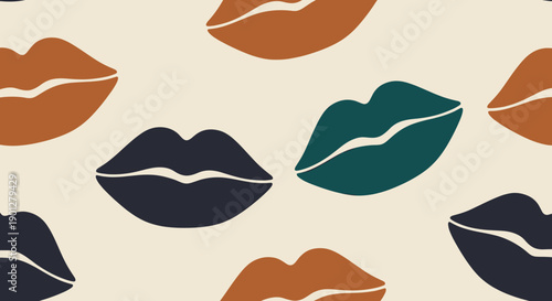 Abstract seamless lips pattern with modern graphic style featuring colorful shapes in dark blue, teal, and brown on a light cream background.