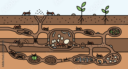Ants are diligently working within their intricate underground nest, caring for eggs, larvae, and pupae in various chambers, with some ants on the surface.