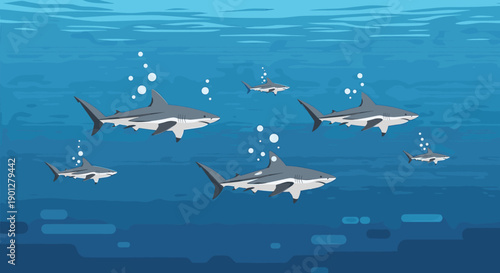 Multiple gray sharks swimming underwater in the deep blue ocean with small white bubbles rising around them, creating a dynamic marine illustration.