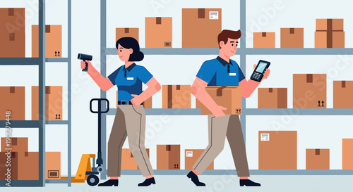 Two dedicated warehouse workers efficiently managing inventory and packages on shelves in a modern logistics and distribution center.