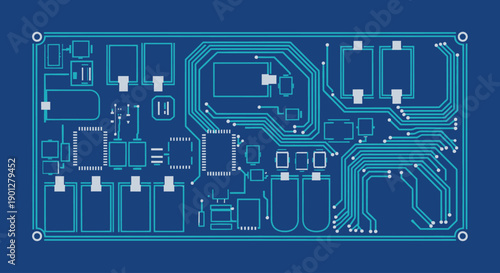 Blueprint schematic of an electronic circuit board with components and pathways, in blue and white.