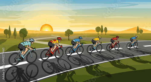Group of diverse cyclists riding their bicycles in a competitive race on a winding road through a picturesque rural landscape at sunset.