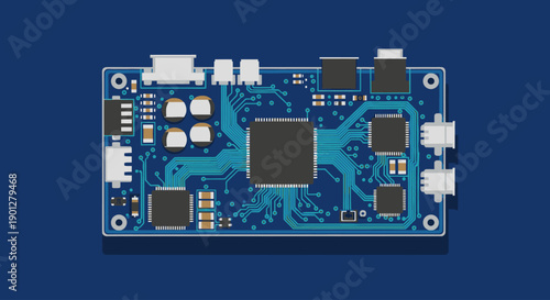 Electronic circuit board with microchip and connectors, flat design illustration on blue background.