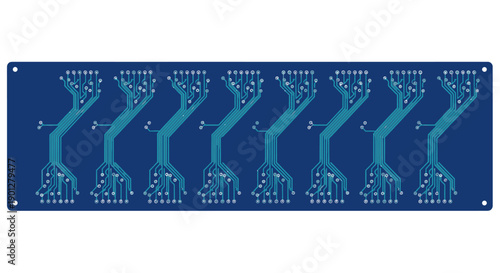 Blue printed circuit board with repeating circuit pattern, electronic components, and pathways