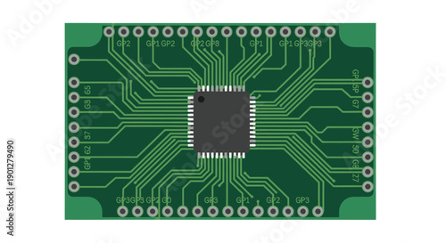 Circuit board with central integrated circuit and radiating green traces on white background