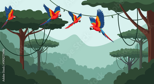 Four vibrant macaws fly gracefully through the dense, lush tropical rainforest canopy, showcasing their colorful plumage against the misty mountains.