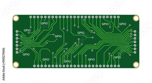 Green circuit board with gold contacts and labeled ports, digital electronic components, vector illustration