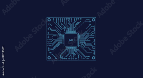 Digital circuit board with integrated circuit chip labeled DAC, blue lines on dark background