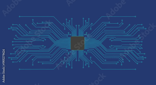 Abstract blueprint of a central processing unit with radiating blue circuit lines on a dark blue background.