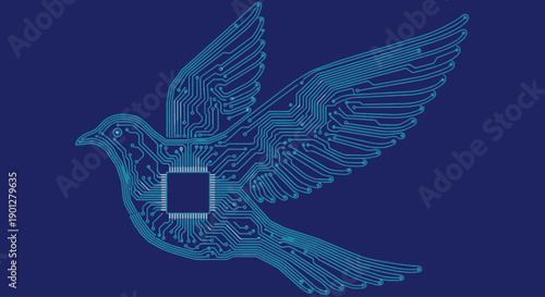 Blue electronic circuit board bird silhouette with integrated circuit chip on dark blue background