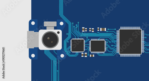 Electronic circuit board with camera module and microchips, flat design vector illustration