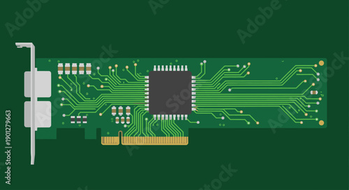 Green circuit board with central processor chip and connection slots, flat design vector illustration.