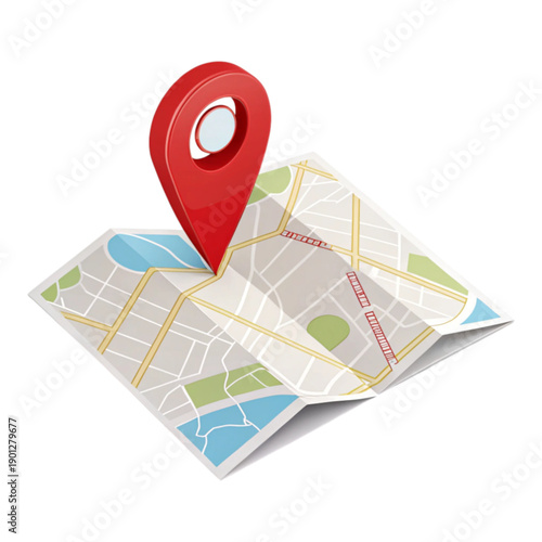 A red location pin on a folded map with roads and green areas