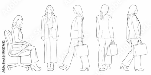 Line art illustration of women in business attire various poses and angles