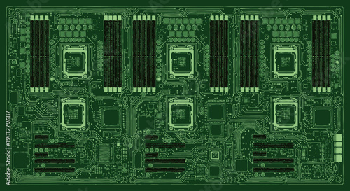 Green electronic circuit board pattern with multiple processors and slots, digital technology.