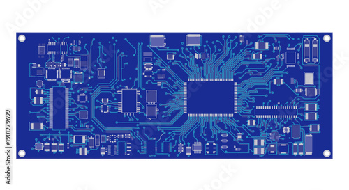 Blue electronic circuit board with complex circuitry and central microchip, flat design vector