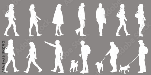 Silhouettes of people and a dog walking in various poses