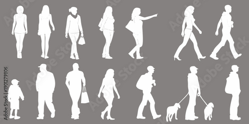 Silhouettes of people in various poses and clothing styles a collection