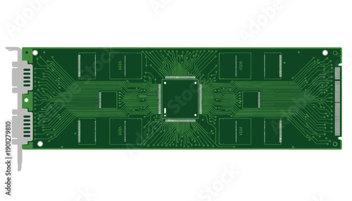 Green circuit board with central processor and memory chips, top-down view, technology concept
