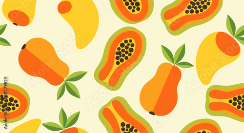 Stylized papayas and mangoes create a vibrant tropical fruit pattern, showcasing healthy eating and fresh produce on a light yellow background.