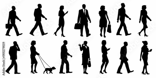 Silhouettes of people walking in various poses and attire a busy city scene