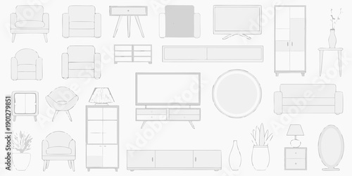 Minimalist furniture arrangement sofas tv stands chairs and decorative elements