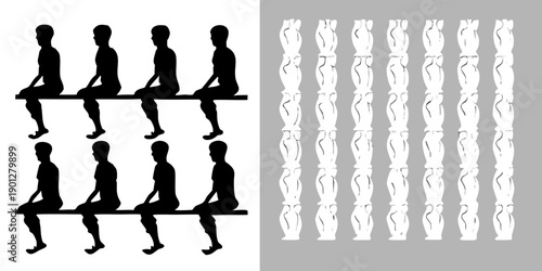 Silhouette figures seated on benches contrasted with distorted reflections