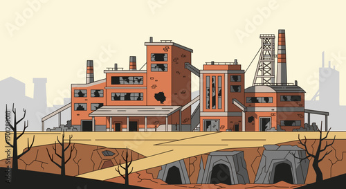 Old abandoned industrial mine complex stands with broken windows and crumbling structures in a desolate, cracked landscape with bare trees.