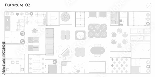 A detailed furniture plan layout showcasing various shapes and arrangements