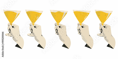 Five hands holding champagne flutes with golden liquid a celebratory row