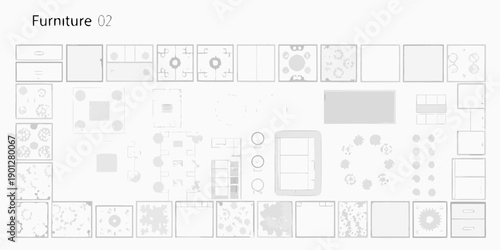 Overhead view of furniture arrangement showcasing various cabinet and storage designs