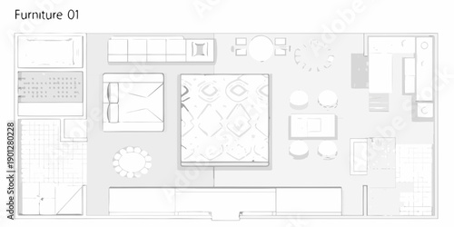 A detailed architectural floor plan showcasing furniture arrangements in a modern space
