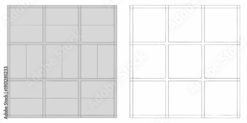 Gridded panels one shaded one outlined side by side in a minimalist style
