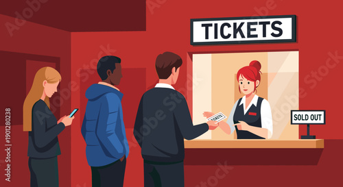 Diverse group of customers waiting in line to purchase tickets from a friendly vendor at a bustling box office, with a sold out sign visible.