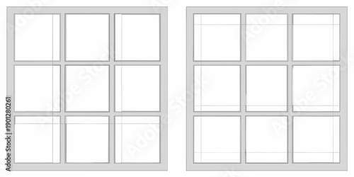 Two symmetrical windows with multiple panes and a simple frame design