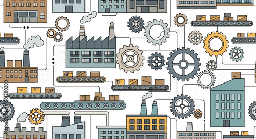 Industrial factory buildings gears conveyor belts system illustration depicting a complex manufacturing and production process network on a clean white background.
