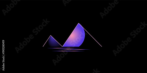 Glowing pyramid background, Vaporwave neon mountains eps, hologram cyberspace banner, Purple vector illustration, travel concept