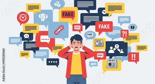 Man covering his ears, feeling overwhelmed by a barrage of fake news and misinformation from various speech bubbles on a light blue background.