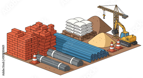 Construction materials and equipment isometric illustration showing various building supplies and machinery on a white background.