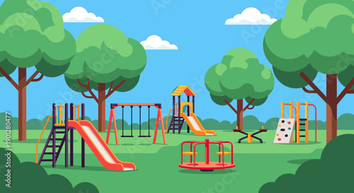 Colorful children's playground equipment in a vibrant outdoor park setting with slides, swings, and a merry-go-round under a blue sky.