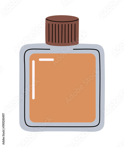 Minimalist vector illustration of a square amber perfume bottle with brown cap, grey border, and white highlights, isolated on transparent background.