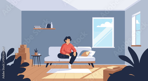 Young man sitting on a comfortable sofa in a new apartment, surrounded by moving boxes and warm sunlight streaming through the window.