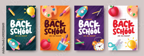Back to School Vertical Poster Collection with Colorful 3D Stationery and Education Icons