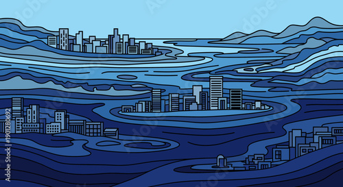 Stylized blue urban cityscape with modern buildings nestled within a flowing abstract river and distant mountains under a clear sky.